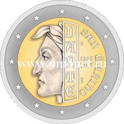 Сан-Марино памятная монета 2 евро 2015 года 750 лет со дня рождения Данте Алигьери.