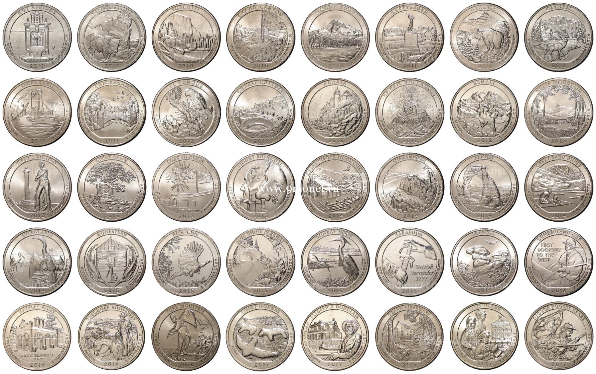 Набор монет 25 центов США национальные парки 2010-2020 г.