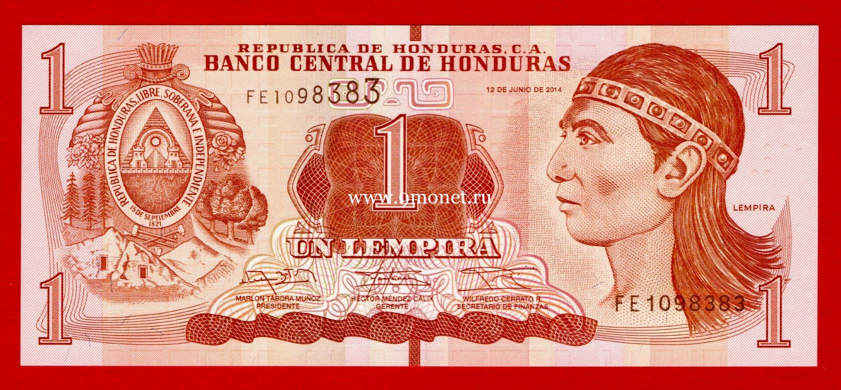 Гондурас банкнота 1 лапмпира 2014 года.