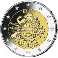 2012. 2 евро. Эстония. 10 лет наличному обращению евро.