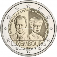 ​Люксембург 2 евро 2019 года 100 лет вступления на престол Великой Герцогини Люксембурга Шарлотты.