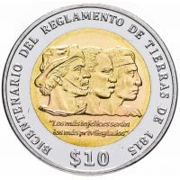 ​Уругвай 10 песо 2015 года Положение о земле 1815 года.