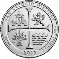 США 25 центов 2019 года 49 парк Сан-Антонио Миссии.